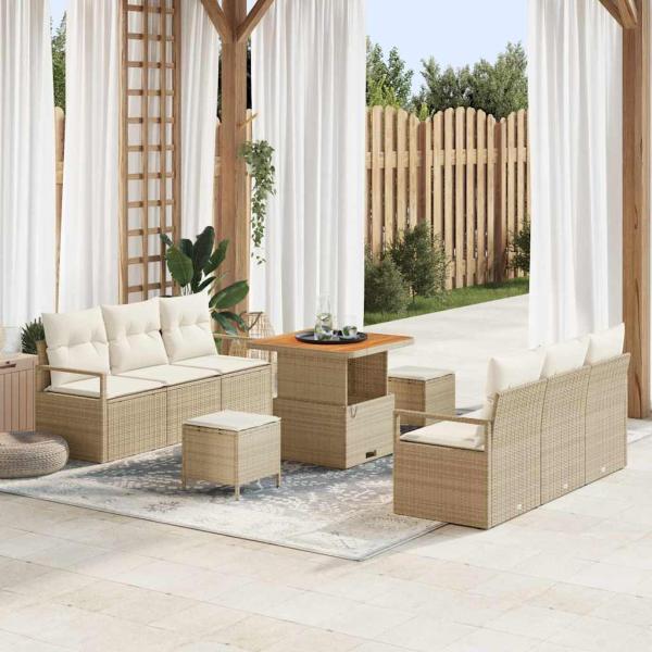 ARDEBO.de - 9-teiliges Garten-Sofa-Set mit Kissen in Beige, aus Poly-Rattan und Akazie