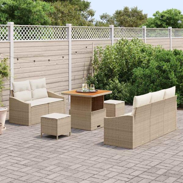 8-teiliges Garten Sofa Set mit Kissen Beige Poly-Rattan Akazie