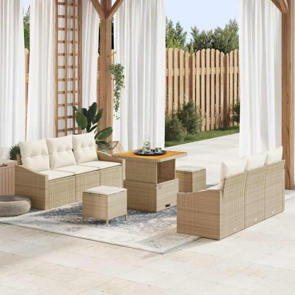 ARDEBO.de - 9-teilige Garten-Sofa-Set mit Kissen Beige Poly Rattan Akazie