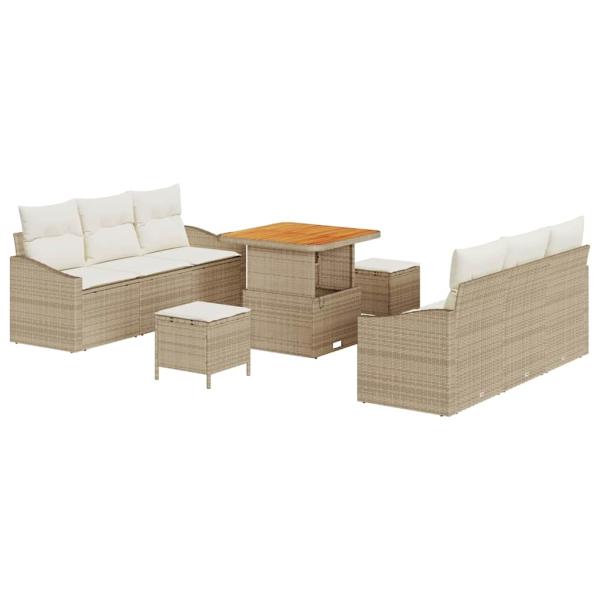 9-teilige Garten-Sofa-Set mit Kissen Beige Poly Rattan Akazie