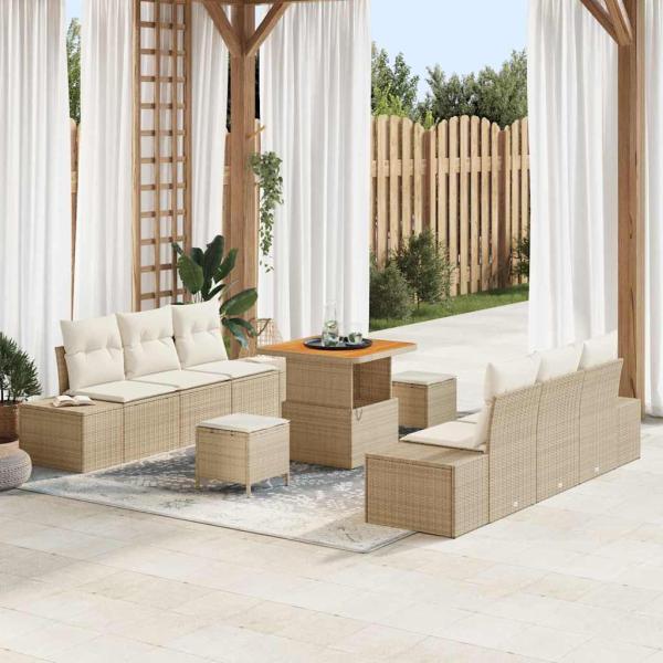 ARDEBO.de - 9-tlg. Garten-Sofagarnitur mit Kissen Beige Poly Rattan Akazie