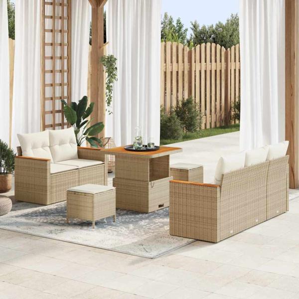 ARDEBO.de - 8-teiliges Garten-Sofa-Set mit Kissen Beige Poly-Rattan Akazie