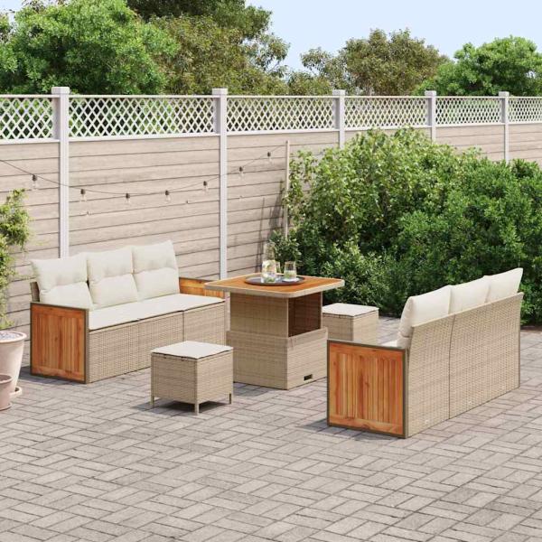 ARDEBO.de - 9-teiliges Garten-Sofa-Set mit Kissen Beige Poly-Rattan Akazie