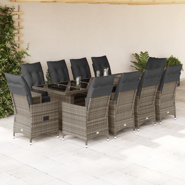 ARDEBO.de - 11-tlg. Garten-Bistro-Set mit Kissen Grau Poly Rattan