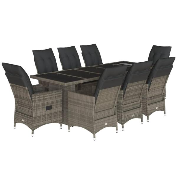 9-tlg. Garten-Bistro-Set mit Kissen Grau Poly Rattan