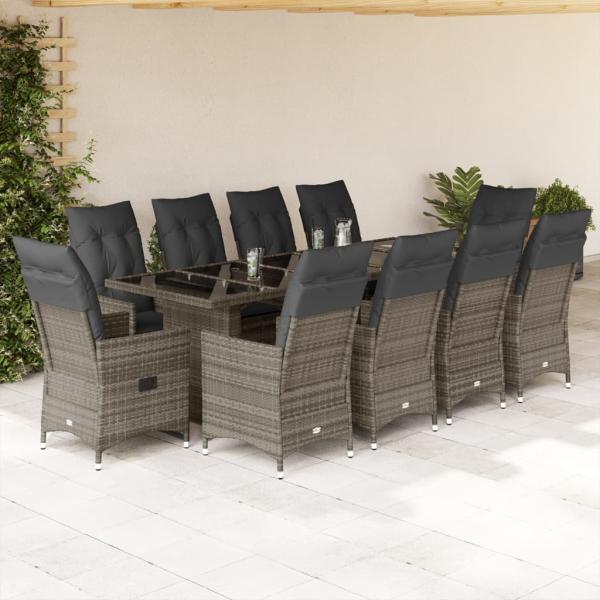 ARDEBO.de - 11-tlg. Garten-Bistro-Set mit Kissen Grau Poly Rattan