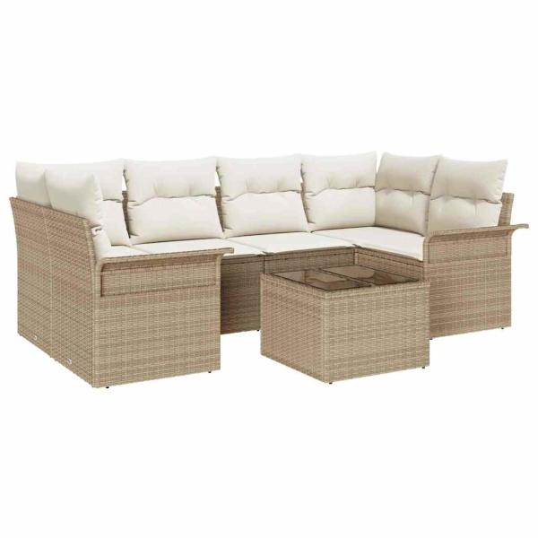 ARDEBO.de - 7-teiliges Gartensofa-Set mit beigen Kissen aus Poly-Rattan