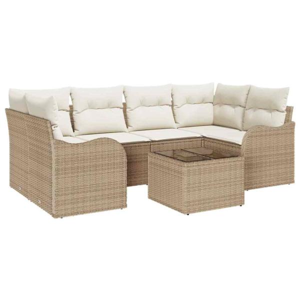 7-teiliges Garten-Sofa-Set mit beigen Kissen aus Poly-Rattan