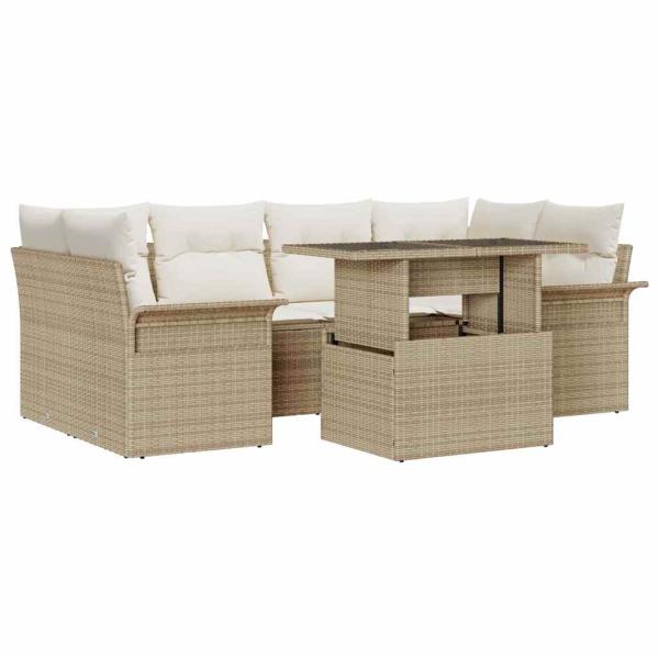 7-teilige Garten Sofaset mit Kissen Beige Poly Rattan