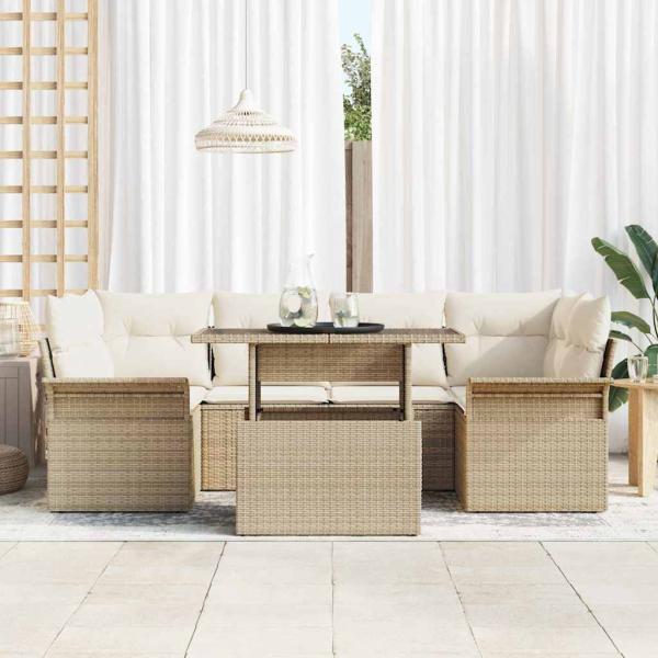 7-teilige Garten Sofaset mit Kissen Beige Poly Rattan