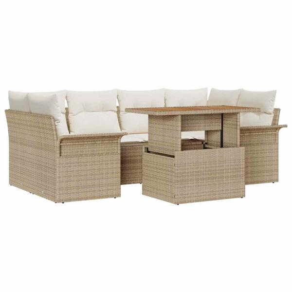 ARDEBO.de - 7-teiliges Garten-Sofa-Set mit Kissen Beige Poly Rattan