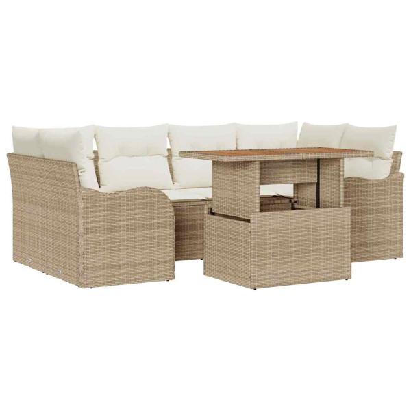 7-teiliges Garten-Sofa Set mit Kissen Beige Poly Rattan
