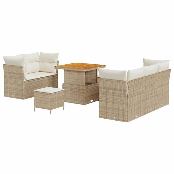 8-teiliges Garten Sofa Set mit Kissen Beige Poly Rattan Akazie
