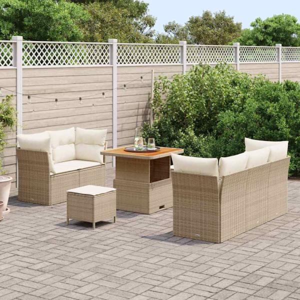 8-teiliges Garten Sofa Set mit Kissen Beige Poly Rattan Akazie