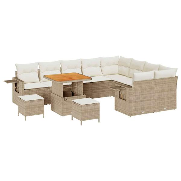 12-teiliges Garten-Sofa-Set mit Kissen Beige Poly-Rattan Akazie
