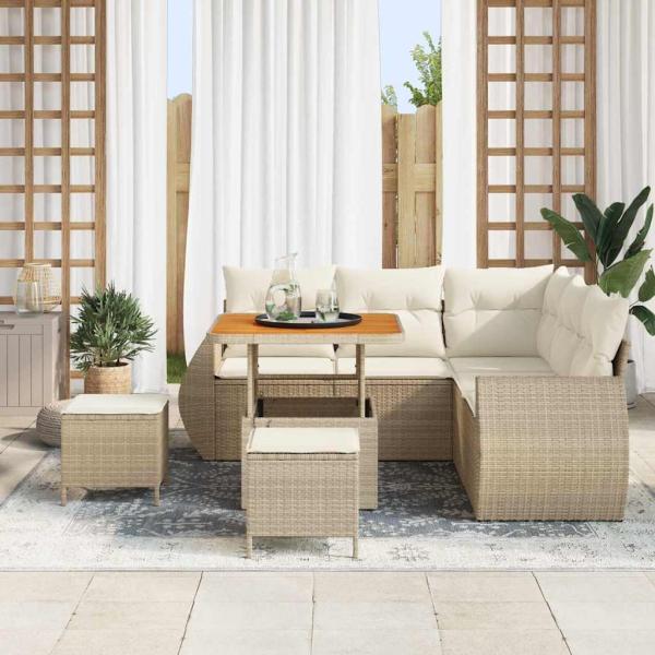 8-tlg. Garten-Sofagarnitur mit Kissen Beige Poly Rattan Akazie