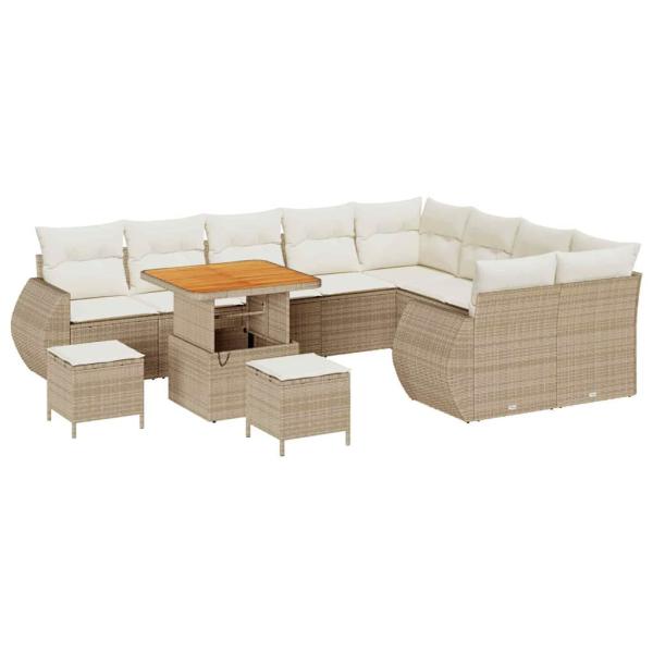 12-tlg. Garten-Sofagarnitur mit Kissen Beige Poly Rattan Akazie