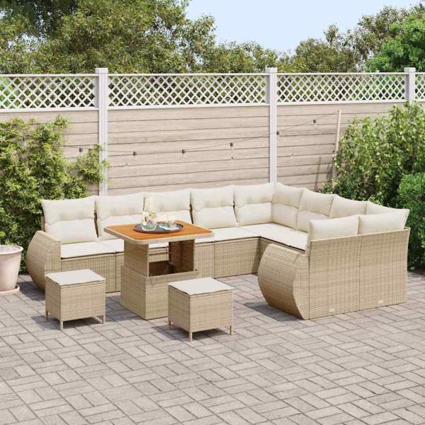 12-tlg. Garten-Sofagarnitur mit Kissen Beige Poly Rattan Akazie