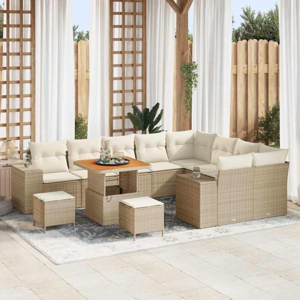 ARDEBO.de - 12-teiliges Garten-Sofa-Set mit Kissen Beige Poly Rattan Akazie