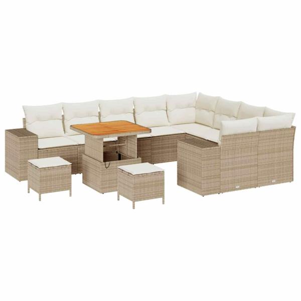 12-teiliges Garten-Sofa-Set mit Kissen Beige Poly Rattan Akazie