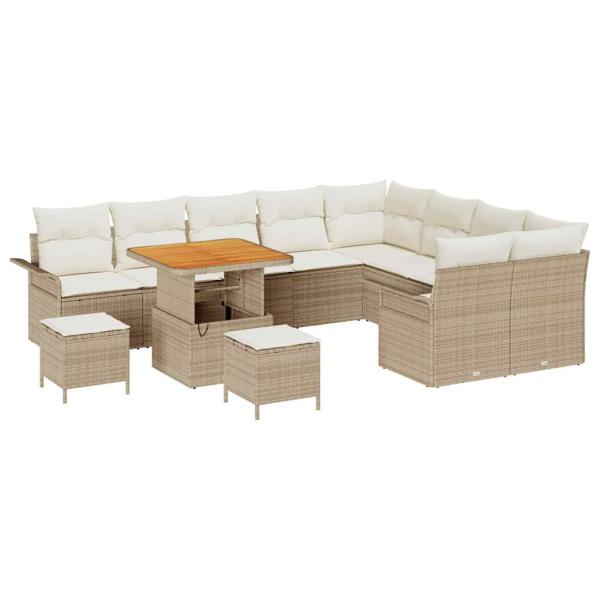 12-teiliges Garten Sofa Set mit Kissen Beige Poly Rattan Akazie