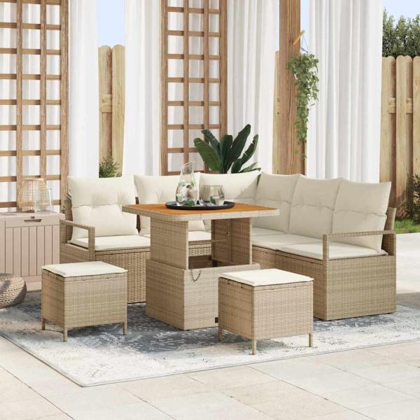 ARDEBO.de - 8-teiliges Garten-Sofa-Set mit Kissen Beige Poly-Rattan Akazie