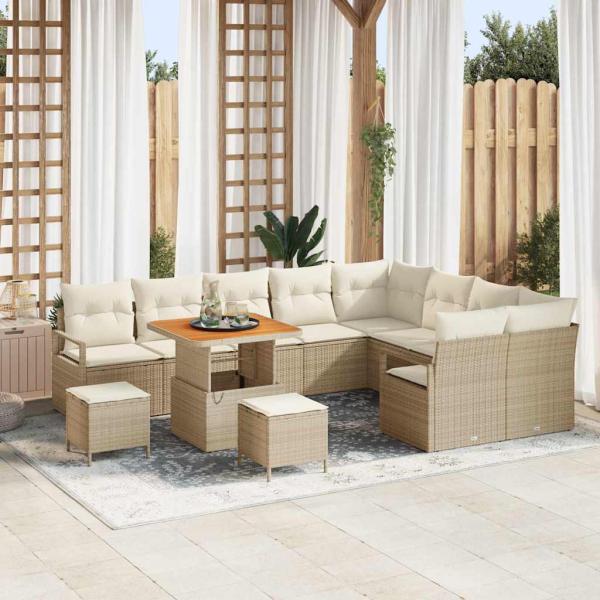 ARDEBO.de - 12-tlg. Garten-Sofagarnitur mit Kissen Beige Poly Rattan Akazie