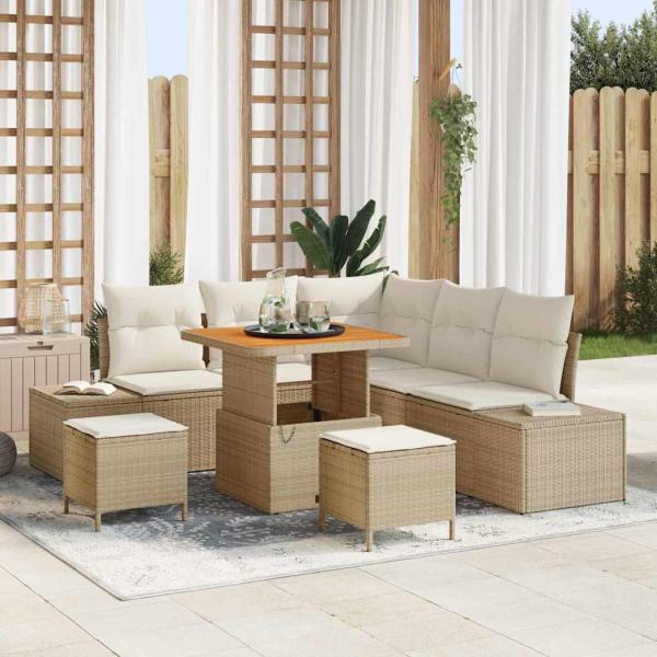 ARDEBO.de - 8-teiliges Garten-Sofa-Set mit Kissen in Beige aus Poly Rattan und Akazie