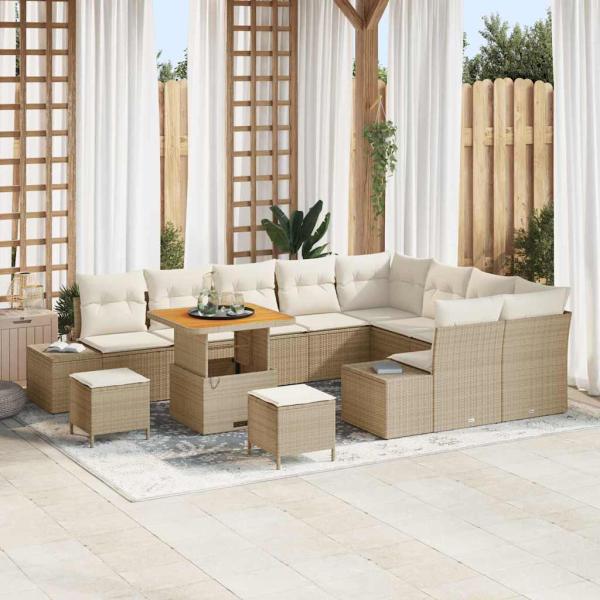 ARDEBO.de - 12-teiliges Garten Sofa Set mit Kissen Beige Poly Rattan Akazie