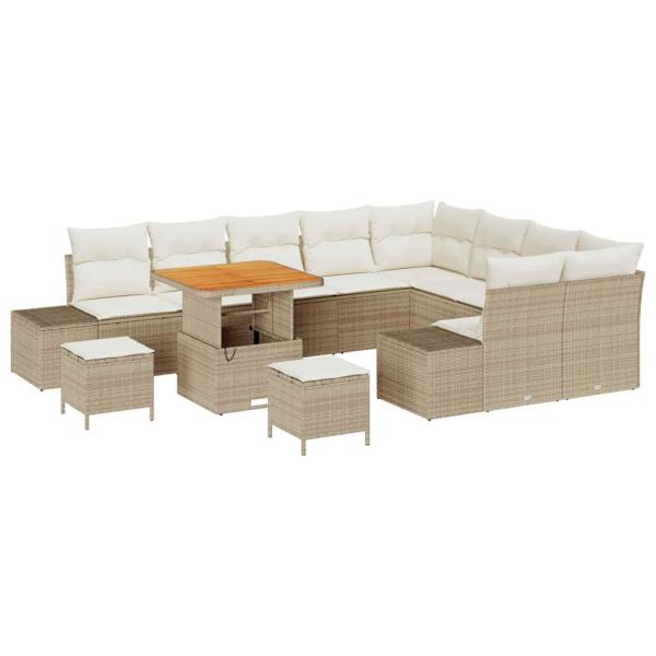 12-teiliges Garten Sofa Set mit Kissen Beige Poly Rattan Akazie