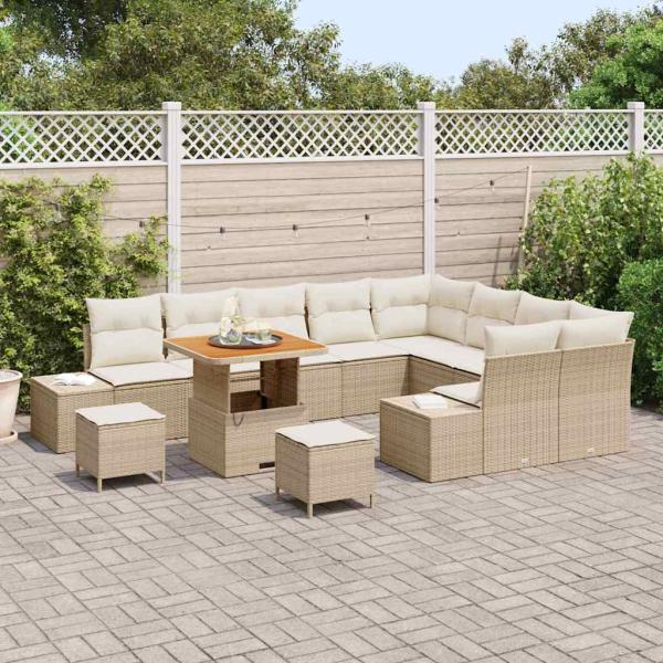 12-teiliges Garten Sofa Set mit Kissen Beige Poly Rattan Akazie