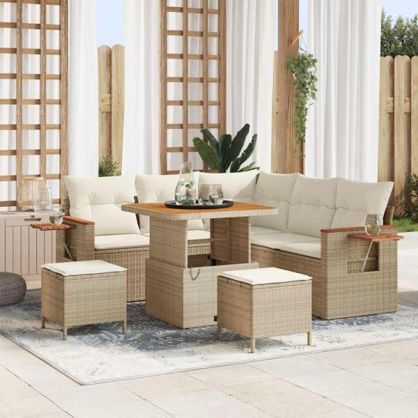 ARDEBO.de - 8-teiliges Garten-Sofa-Set mit Kissen Beige Poly Rattan Akazie