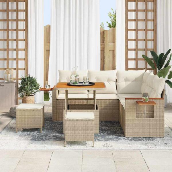 8-teiliges Garten-Sofa-Set mit Kissen Beige Poly Rattan Akazie