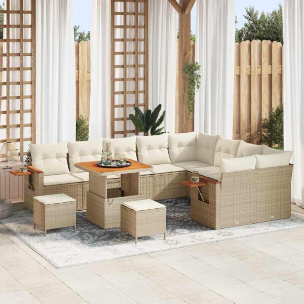 ARDEBO.de - 12-teiliges Garten-Sofa-Set mit Kissen Beige Poly Rattan Akazie