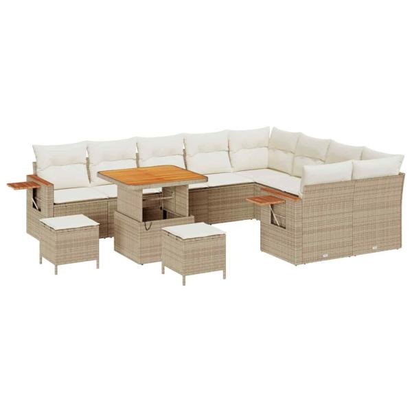 12-teiliges Garten-Sofa-Set mit Kissen Beige Poly Rattan Akazie