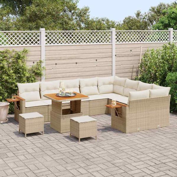 12-teiliges Garten-Sofa-Set mit Kissen Beige Poly Rattan Akazie