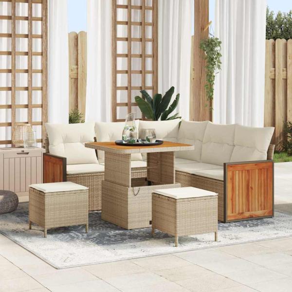 ARDEBO.de - 8-teilige Garten-Sofa-Set mit Kissen Beige Poly Rattan Akazie