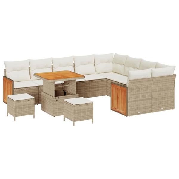 12-teiliges Garten-Sofa-Set mit Kissen Beige Poly Rattan Akazie