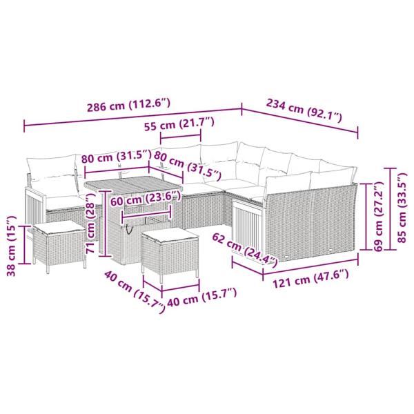 12-teiliges Garten-Sofa-Set mit Kissen Beige Poly Rattan Akazie