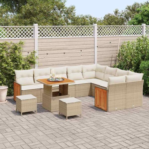 12-teiliges Garten-Sofa-Set mit Kissen Beige Poly Rattan Akazie