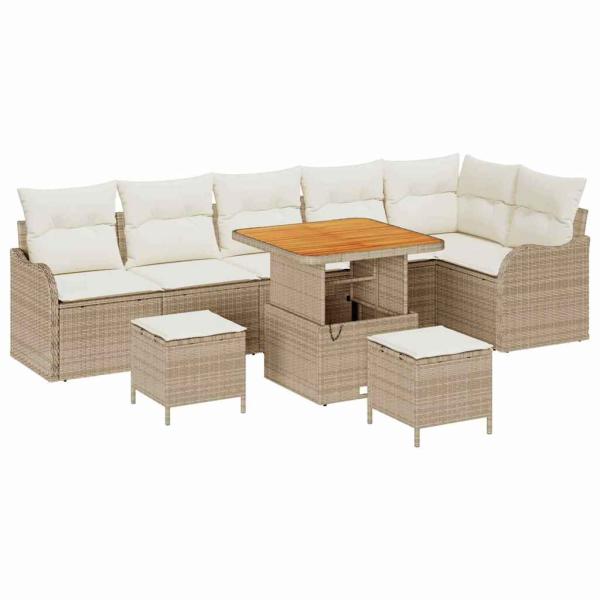 9-teiliges Garten-Sofaset mit Kissen Beige Poly Rattan Akazie