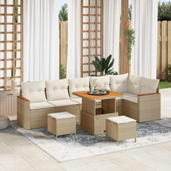 ARDEBO.de - 9-teilige Garten-Sofa-Garnitur mit Kissen Beige Poly-Rattan Akazie
