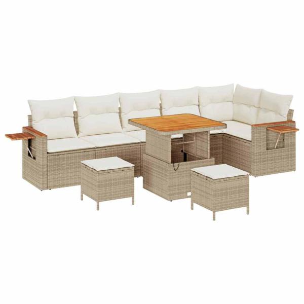 9-teiliges Garten Sofa Set mit Kissen Beige Poly Rattan Akazie