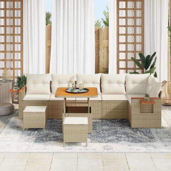 9-teiliges Garten Sofa Set mit Kissen Beige Poly Rattan Akazie