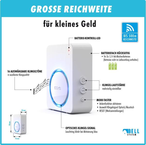 M-E BELL-521-RX Mobiler Funk-Empfänger mit Leuchtring, Batteriebetrieb, weiß