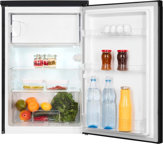 Exquisit KS15-4-051C Stand Kühlschrank mit Gefrierfach, 55 cm breit, 107 L, Gemüseschublade, Griffmulde, Inoxlook az