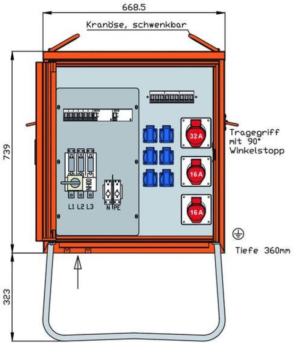ARDEBO.de Walther Werke WV0310R1 Verteilerschrank 44kVA mit RCD Typ B und RCD Typ A, 9 LS, 3 CEE-Abgänge 16-32A und 6 Schukos