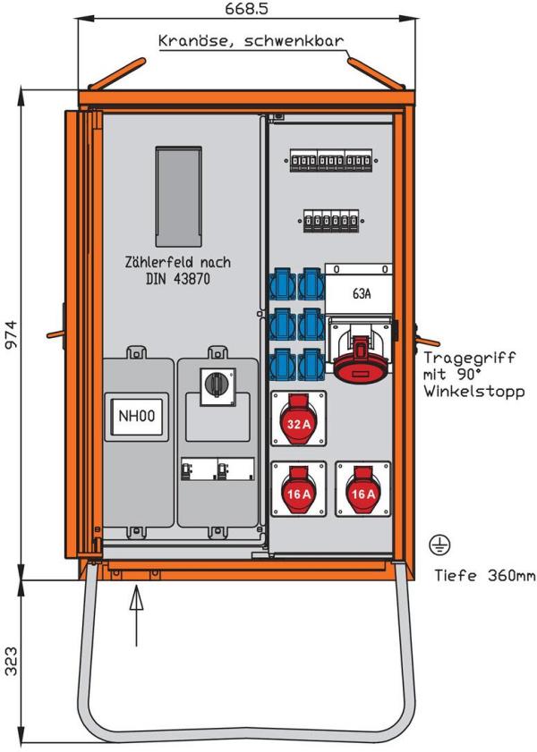 ARDEBO.de Walther Werke WAV0170BR1 Anschlussverteilerschrank 44kVA mit Zählerplatz, 2 RCDs Typ B, 9 LS, 4 CEE-Abgänge 16-63A und 6 Schukos