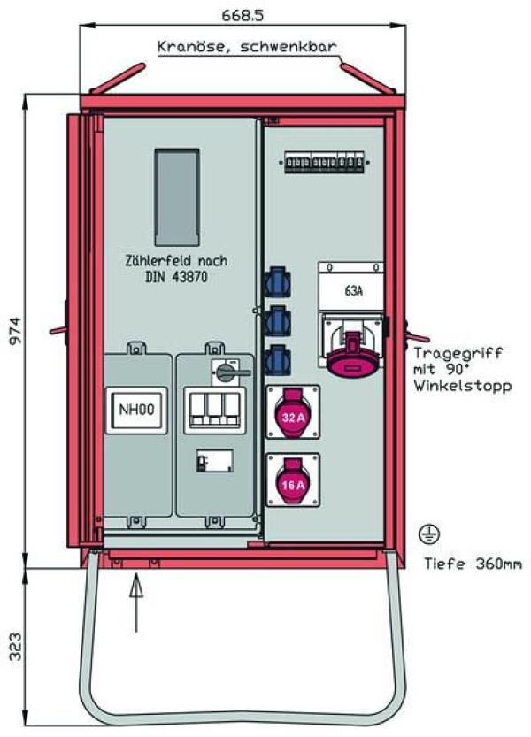 ARDEBO.de Walther Werke WAV0160R1 Anschlussverteilerschrank 44kVA, Zählerplatz, 3 CEE-Abgänge, 16-32A, 3x Schuko