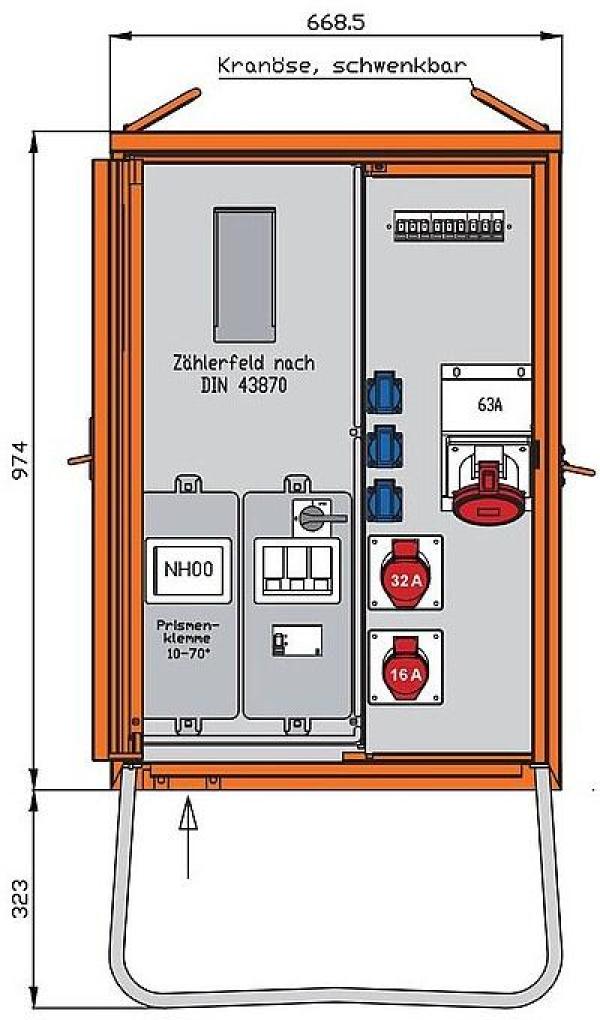 ARDEBO.de Walther Werke WAV0160BR1 Anschlussverteilerschrank 44kVA mit Zählerplatz, RCD Typ B, 5 LS, 3 CEE-Abgänge 16-63A und 3 Schukos